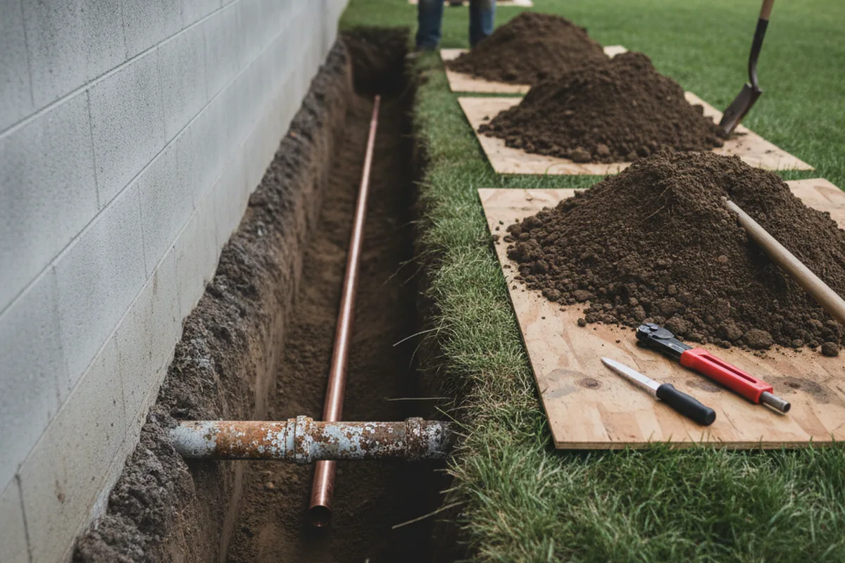 Excavated water line trench during Water Softener Installation in Bakersfield